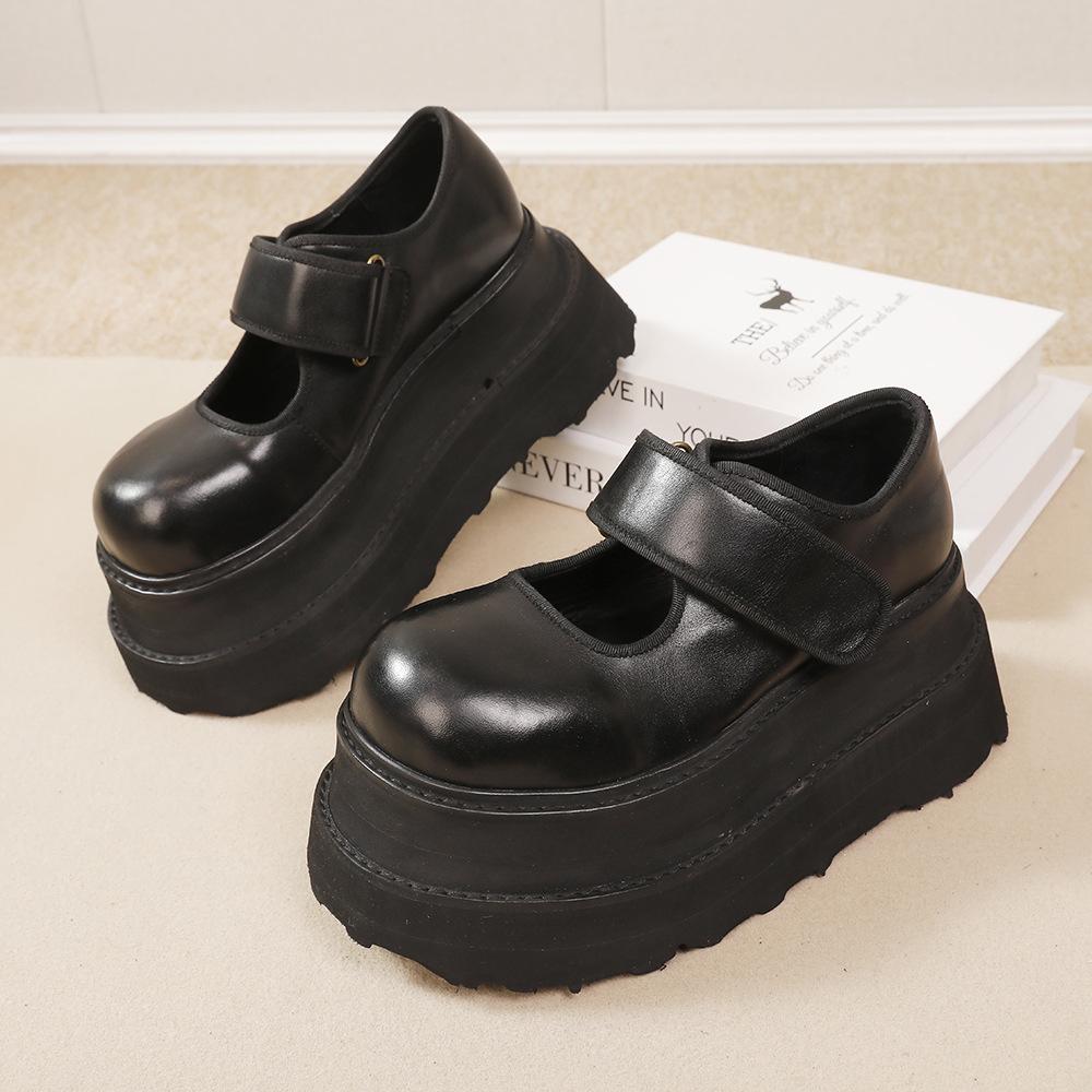 Johnature Natūralios odos 7 cm storio padais bateliai. Vintažiniai universalūs moteriški plokščiapadžiai bateliai su platforma.