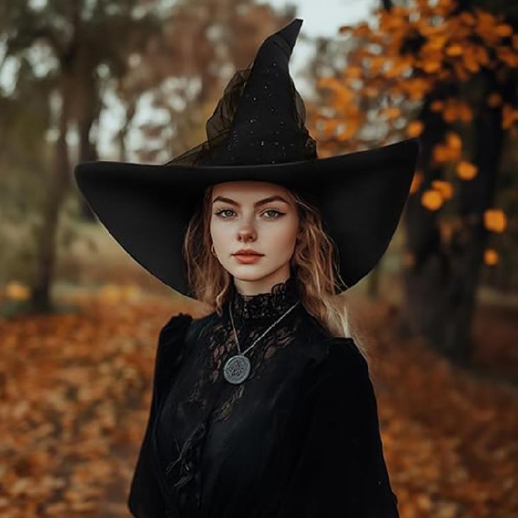 Halloween Witch Caps for Cosplay Punk Tulle Crinkled Wizard Hat Adult Unisex Party Hat Costume Pointed Hat Festival Props