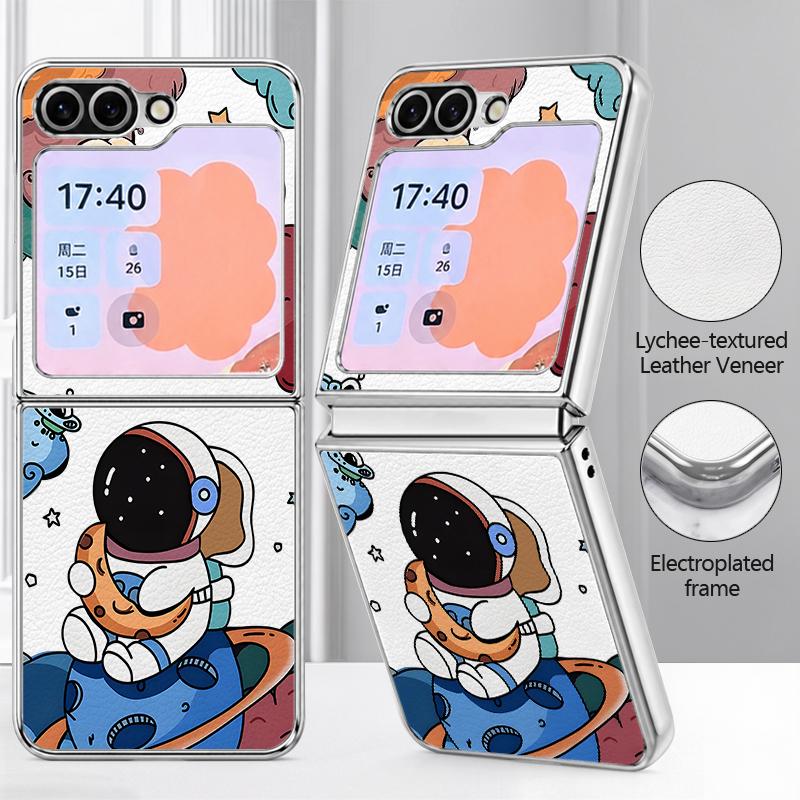 Cartoon Astronaut Pattern Case For Samsung Galaxy Z FlIP 7 FE 6 5 Plating PC+PU Leather Hybrid Folding Cover For Samsung Z Flip7 Flip6 Flip5