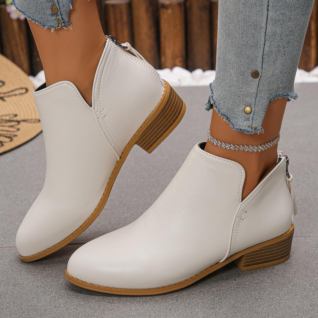 New Large Size Fringed Thick Heel Short Leather Boots Women's Pointed Thick Heel Rear Zipper and Ankle Boots Women's Martin Boots