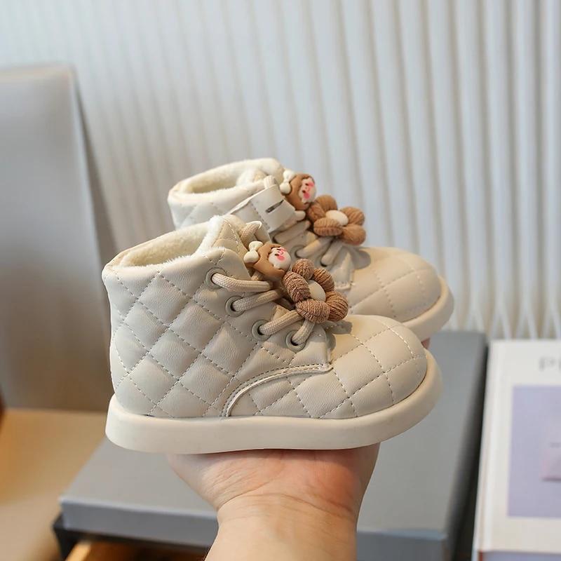 Dětské módní boty khaki barvy pro chlapce dívky kojence polstrované teplé bavlněné boty podzim zima béžové dětské kojenecké krátké kožené boty