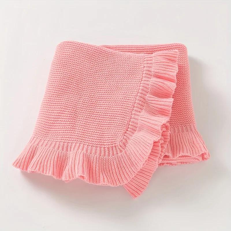 

Knit Kids Blanket Soft Cozy Ruffle Edge Solid Color Hand Wash Only For Boy Girl All Seasons Universal Daily Home Bedding Blanket 80x100cm рожевий