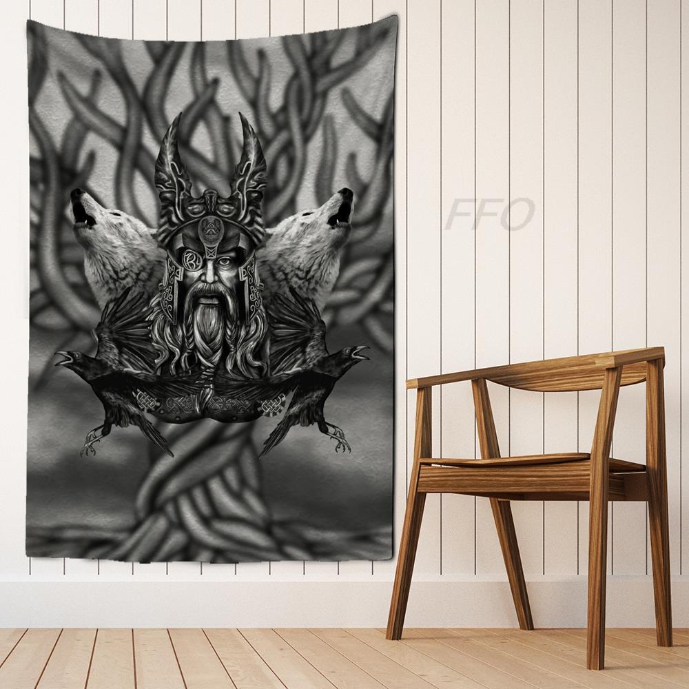 Viking Helmet Skull Tapestry Hammer Odin Mythology Print Wall Hanging Nordic Home Bedroom Living Room Decor