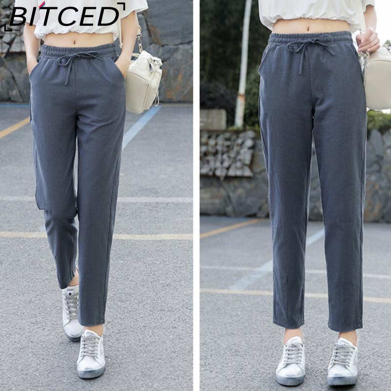 BITCED 9 Color Pure Cotton Nine Point Trousers Spring Summer Slim Straight Loose Casual Pants Women Solid Color Harem Pants