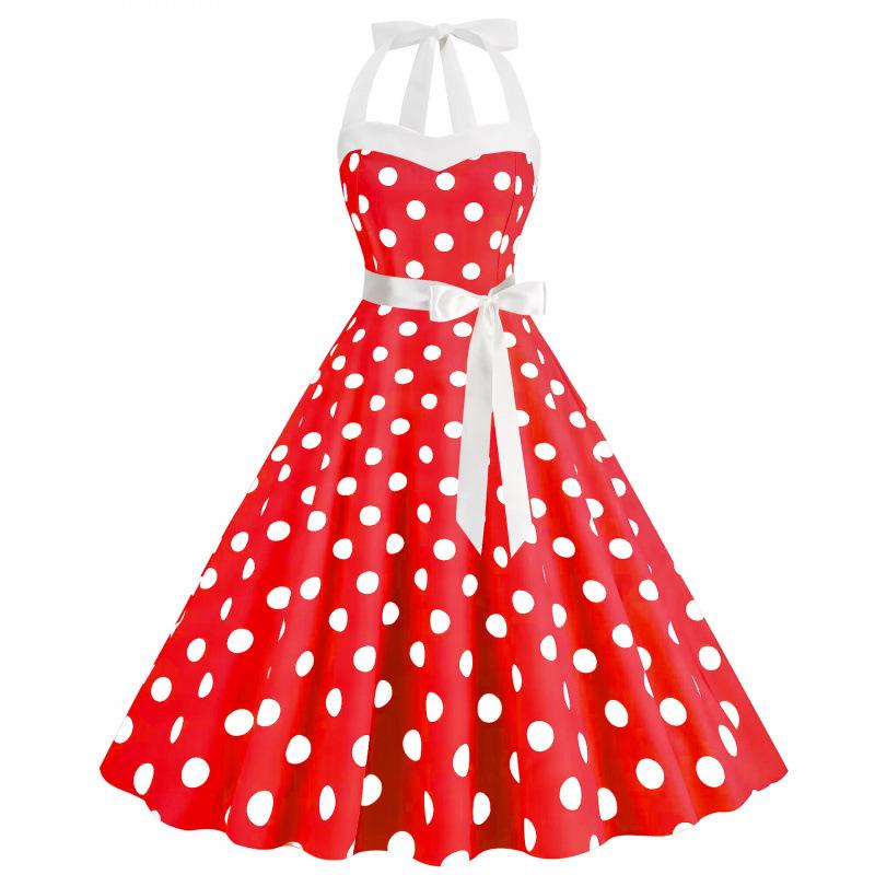 Retro Polka Dot Halter Flared Dress - European & American Hepburn Style with Lace-up Backless Design for Bridesmaid or Performance