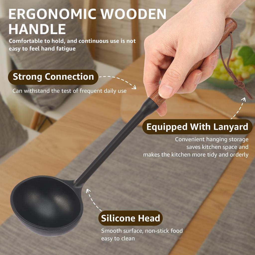 5Pcs Silicone Cooking Utensil Set Non-stick Cookware Heat Resistant Spatula Ladle Set Wooden Handle Cookware Tool Accessoires