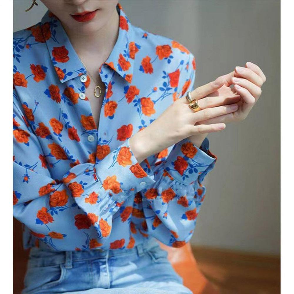 

Polo Collar Design Printed Small Shirt Early Spring Hong Kong Style Retro Long Sleeved Top Western Style Loose Chiffon Shirt S бежевий