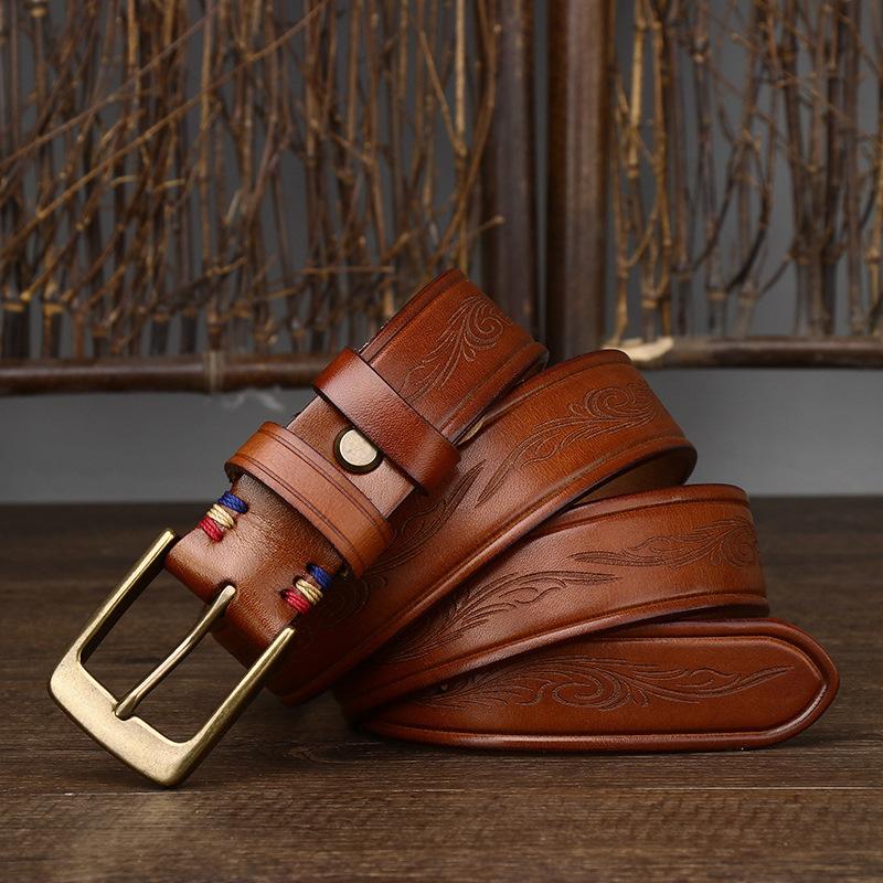 

3,3 см широкий ретро лазерный гравированный узор ремень для мужчин натуральная кожа чистая коровья кожа медная пряжка ремень для женщин 130cm