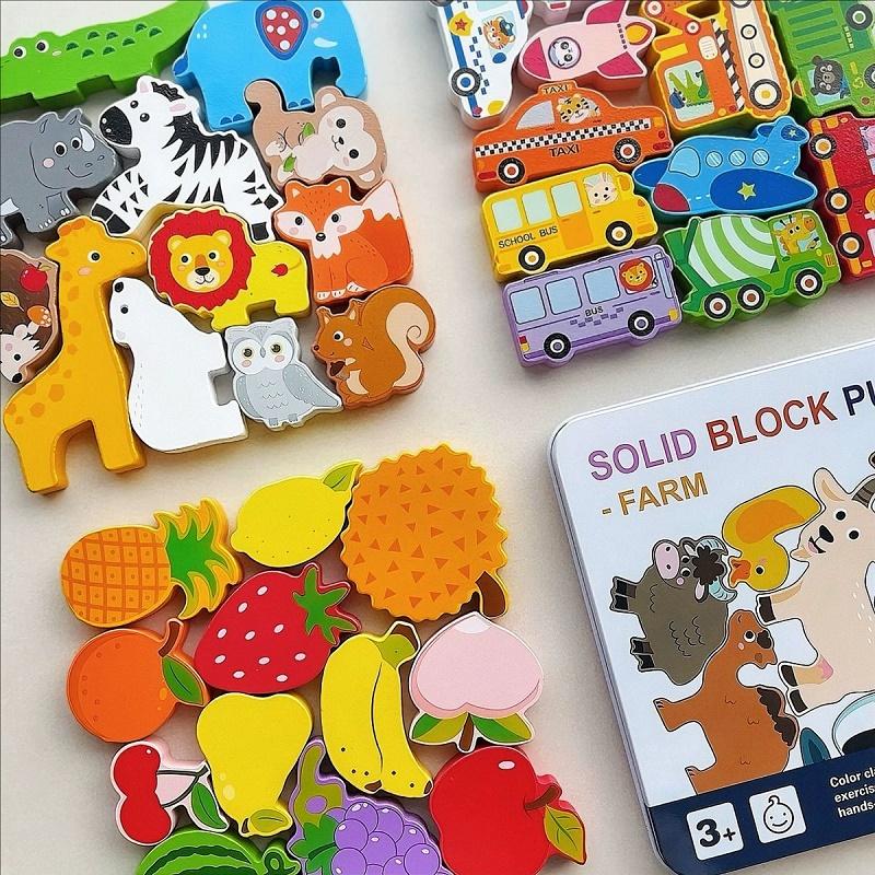 Montessori Wooden Puzzle Toys for Children 3D Vehicle Animal Wood Jigsaw Puzzle Game Baby Learning Educational Toy Kids Gift