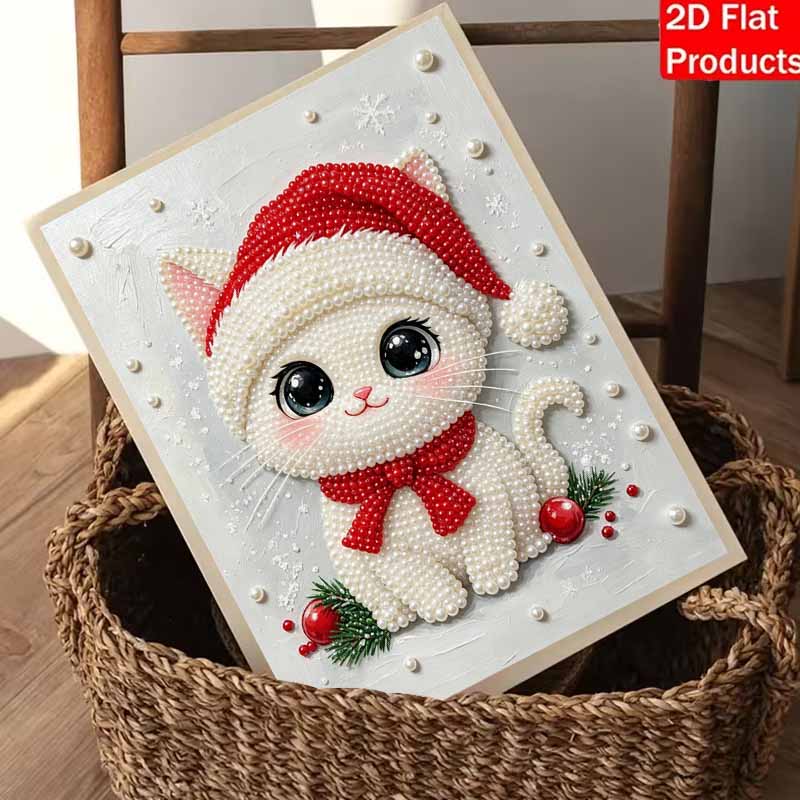 Christmas Pearl Painting Kit Handmade DIY Cute Cat Santa Hat Home Decoration Painting