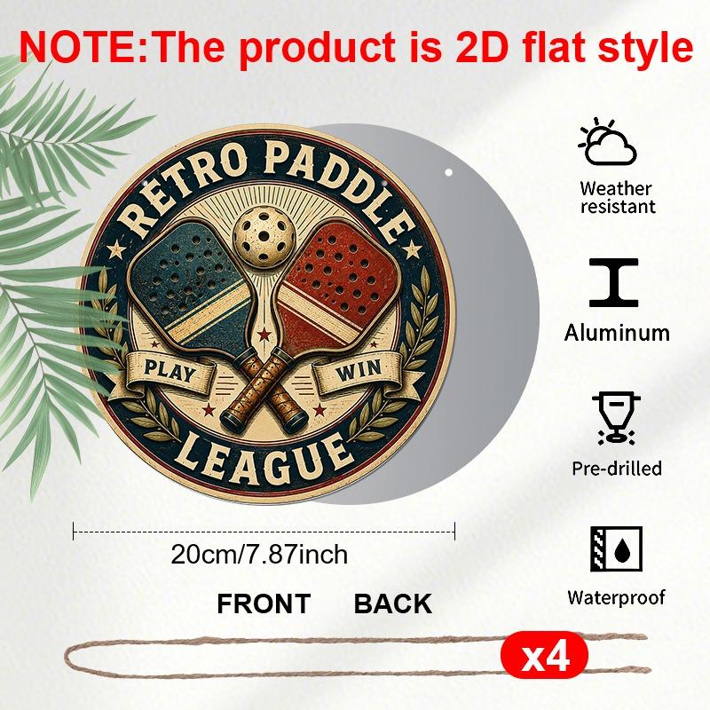 2D Flat, 4Pcs Retro Pickleball Aluminum Round Hanging Sign Set, Pickleball Paddle Champion Club Metal Wall Pendant, Garage Bar Patio Club Home Wall