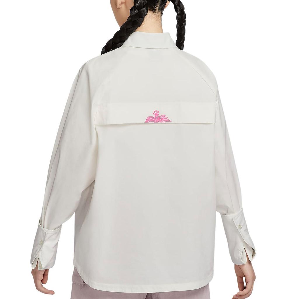 Nike Sportswear Woven Long Sleeve Oversized V Neck Design Shirt Women Tops Sail-White HM4627133