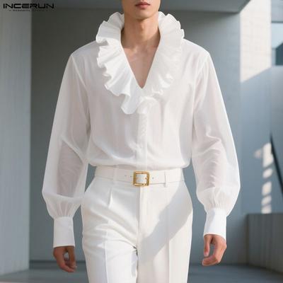 Men Long Sleeve Stand Ruffled Neck Shirts Casual Buttons Mesh Sheer Tops