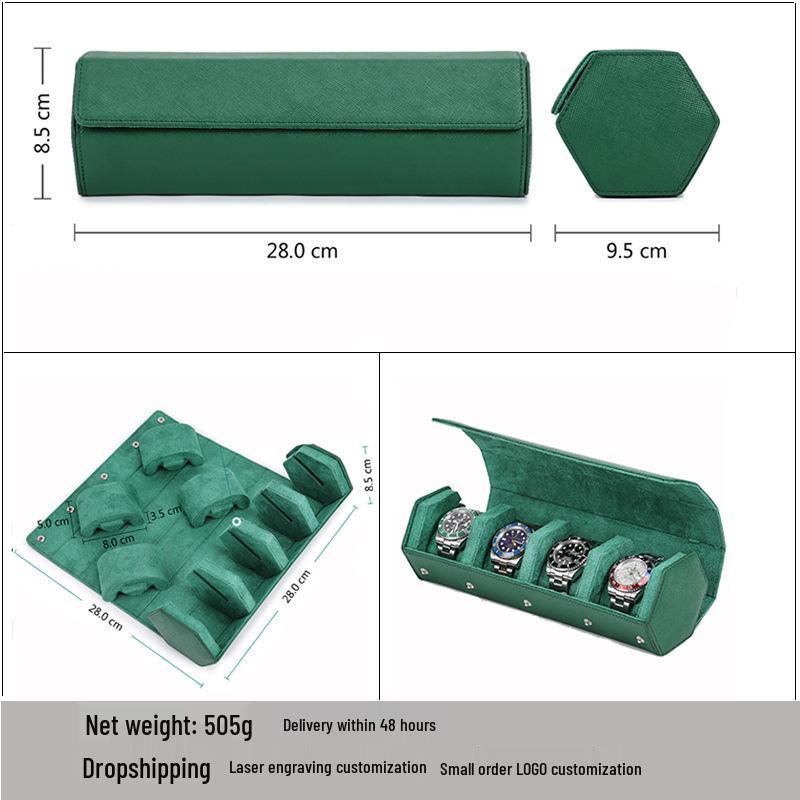 Hexagonal Genuine Leather Travel Wristwatch Box - Drop-Proof Four-Piece Set