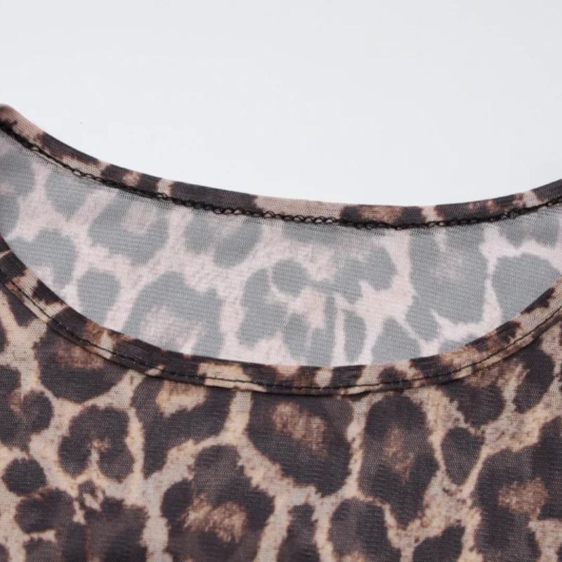 Summer Dress Women Leopard Print Mesh O Neck Long Sleeve Sexy See Through Maxi Fashion Outfits Beach Vacation Nightclub