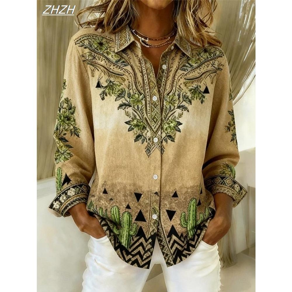 Women's Shirt Blouse Floral Graphic Geometric Bohemia Vintage Casual Long Sleeve Shirt Collar Regular Tops Fall Winter