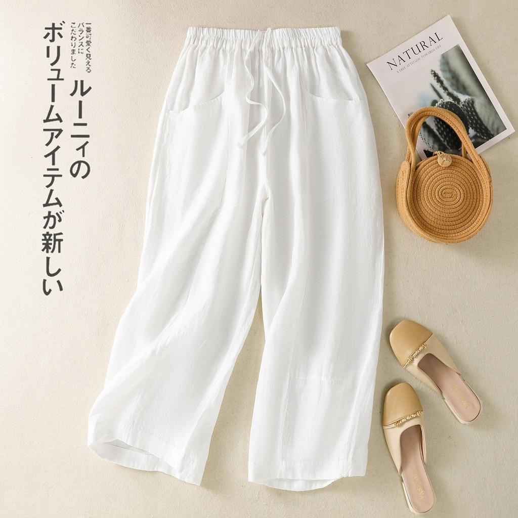 2025 Summer New Large Size Literary Solid Color Cotton and Linen Wide-leg Pants Women's Loose and Thin Elastic Waist Nine-point Casual Pants