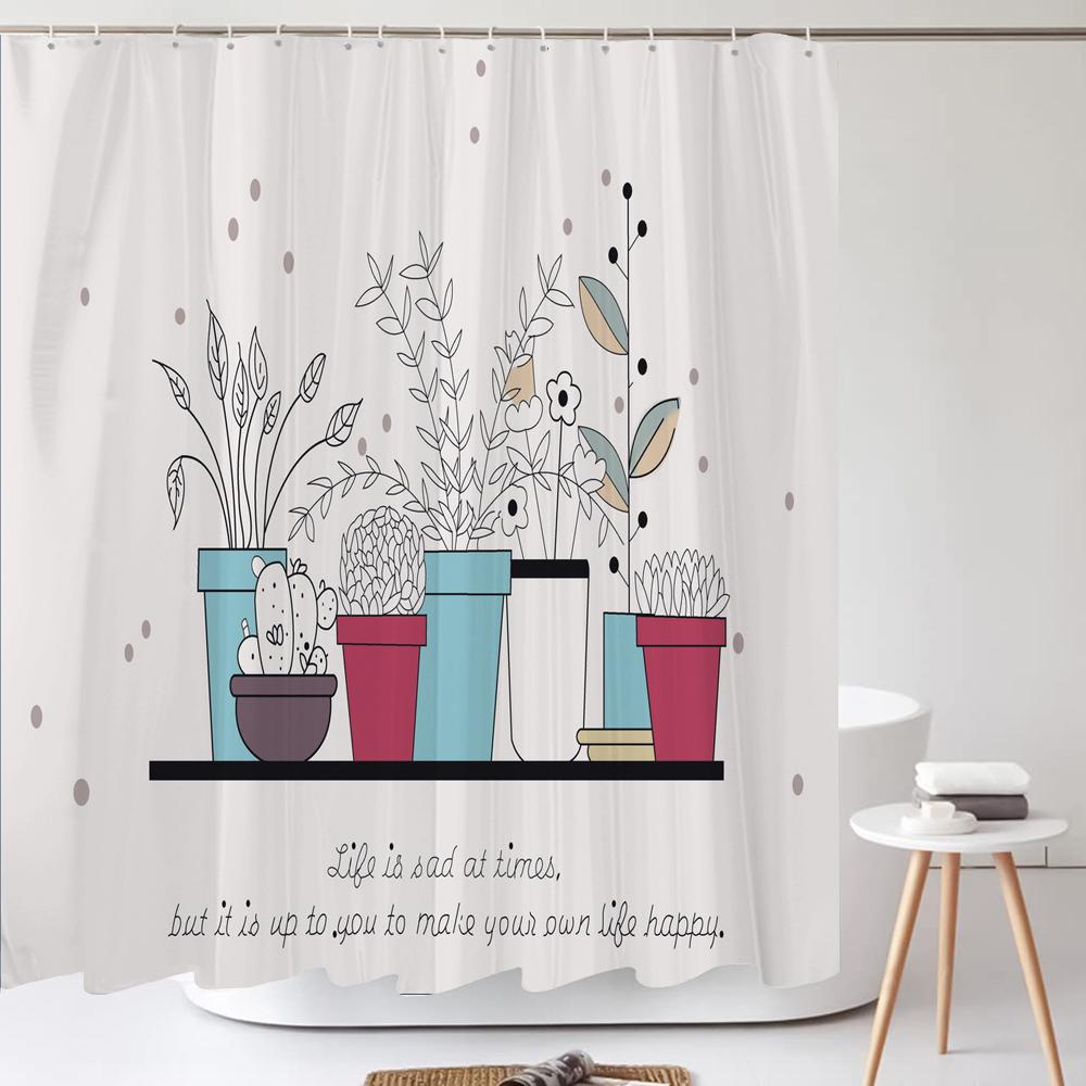 Green Plant Leaf Cactus Shower Curtain Printed Modern Nordic Minimalist Polyster Bathroom Curtain Home Decor Curtain with Hooks