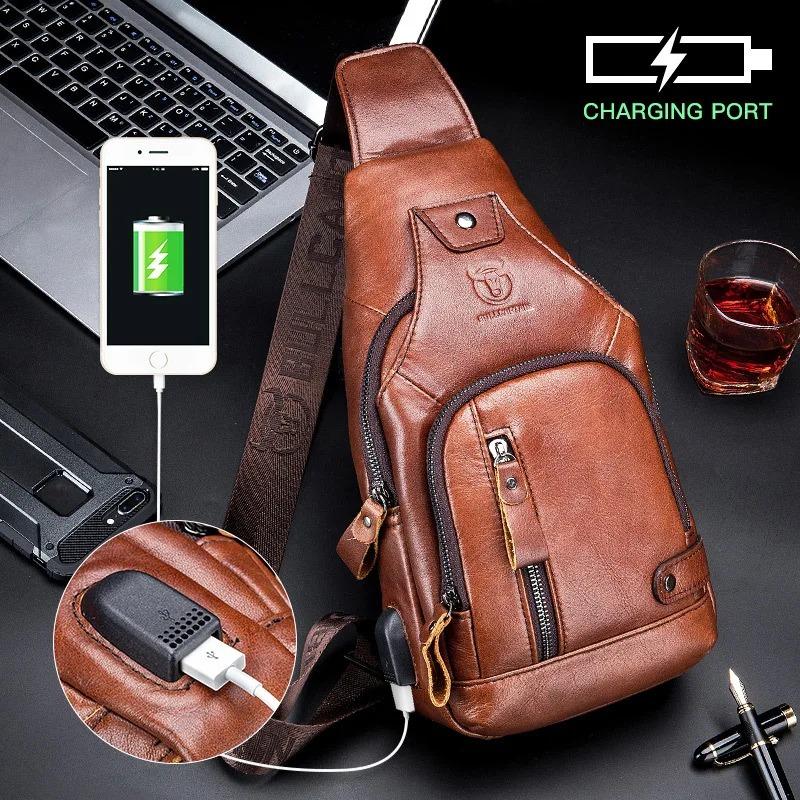 2024 New 100% Cowhide Leather Casual Fashion Crossbody Chest Bag Men's Leather Bag USB Charging Travel Shoulder Bag Daypack Male