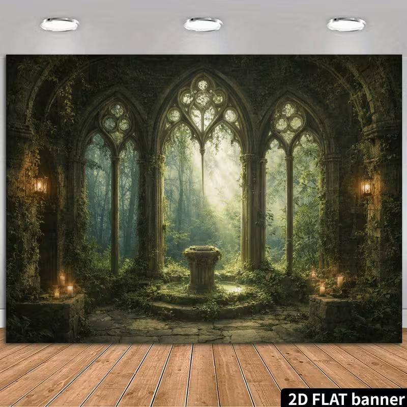 2D Magical Sunlit Forest Ruins Party Backdrop with Stone Arches and Altar