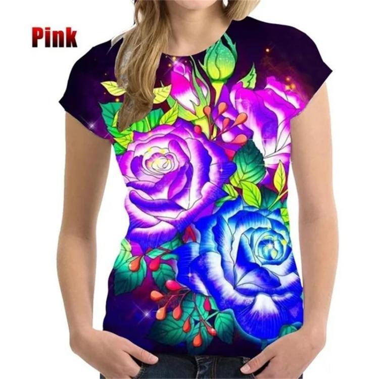 Harajuku Street Fashion Women's Short Sleeve 3D Flower Printed Rose T-shirt Clothing