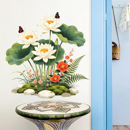 White Lotus Wall Sticker Waterproof Self-Adhesive Flowers Lotus Leaf Wall Decal Peel And Stick