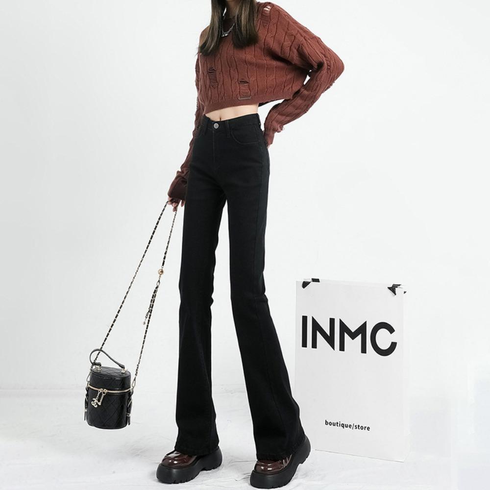 Personalized Versatile High-waisted Flared Jeans Women's Spring and Autumn New Slim-fitting and Thin Simple Fashion Micro-pull Pants