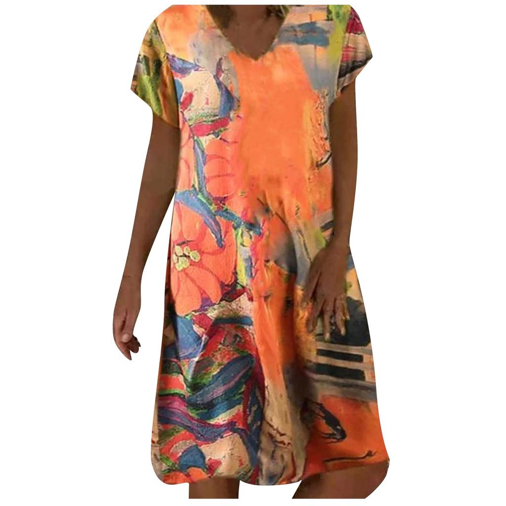 Loose Fit Mid-Length Dress with Off Shoulder Design and Printed Pattern Casual Summer Beachwear for Women