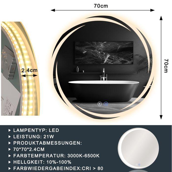 Miroir de salle de bain - NETTLIFE - Miroir rond 70 cm - Éclairage LED dimmable - IP44 - Style scandinave