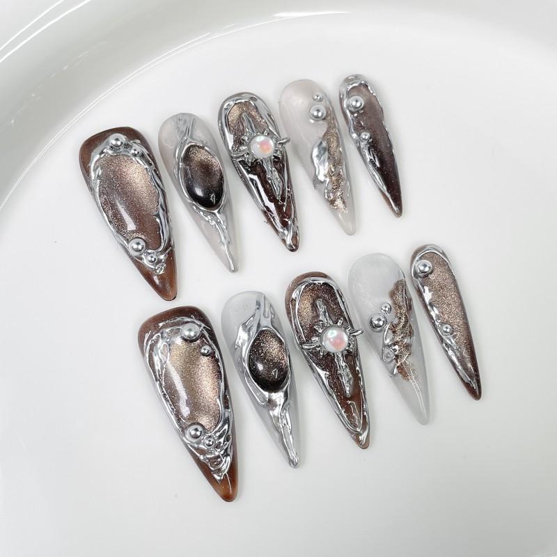 3D Embossed Cat Eye Nail Tips With Metallic Finish Long Pointed False Nails Women Sweet Edgy Style