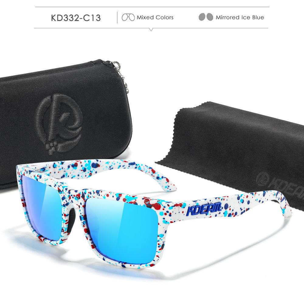 Lunettes de soleil polarisées style carré KDEAM pour hommes et femmes Taille moyenne Largeur totale 145 mm Lunettes de soleil d'extérieur avec étui zippé