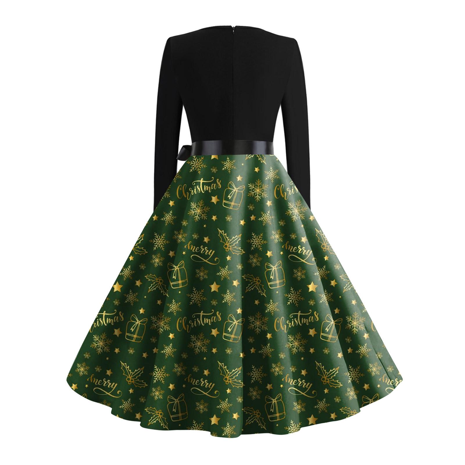 Женское рождественское платье с расклешенным принтом и длинным рукавом с круглым вырезом — фото 4