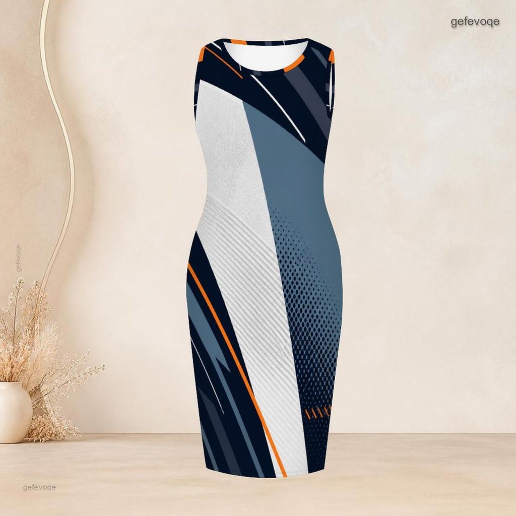 Womens Plus Size Geometric Printed Two Piece Set Sleeveless Bodycon Dress And 3 4 Sleeve Open Front Cardigan