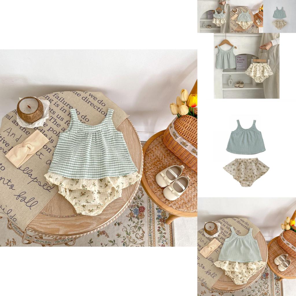 New 2024 Summer Baby Girl Cute Fresh Checkered Tank Top And Floral Skirt Shorts Set