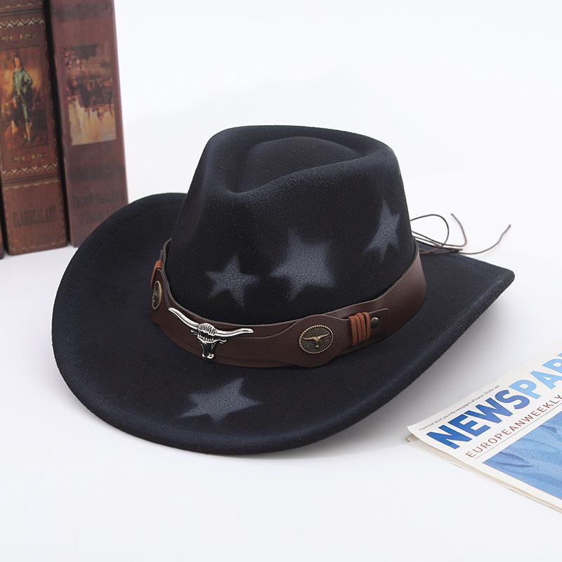 Western Cowboy Hat Wool Jazz Top Hat Ethnic Style Versatile Bullhead Hat Strap