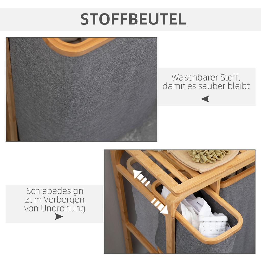 Laundry Basket Made of Bamboo, 3 Removable Baskets 50 cm x 32 cm x 69.7 cm Natural Gray