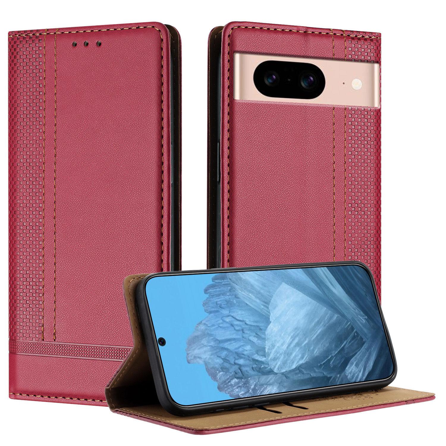 

For Google Pixel 8a Case L-Shaped Grid Pattern Leather Stand Phone Cover with Card Slots Red