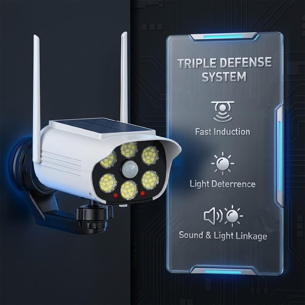 Solar Powered Virtual Camera Safety Light, Two-way Fixture, Multi Style Motion Sensor Waterproof Fence Outdoor Platform Floodlight