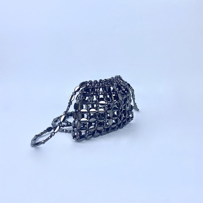 Women's Metallic Sequin Dumpling Bag, Handmade Beaded Woven Acrylic Crossbody Bag, Retro Shiny Shoulder Bag Phone Bag