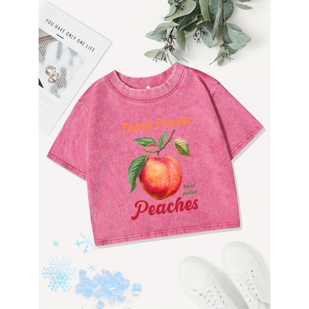 Summer Cotton Crop Tops Womens Farm Fresh Hand Picked Peachesprints Washed T-Shirt Regular Fit Tees Street Clothes