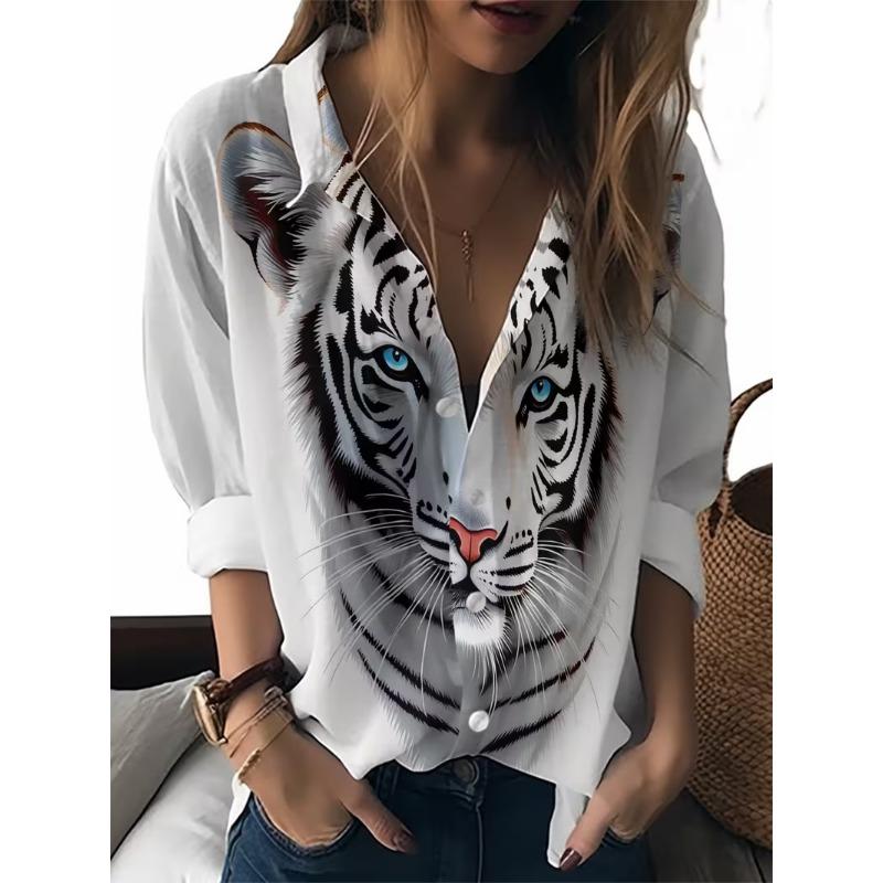 Ladies Printed Long Sleeve Shirt Fashion Lapel Casual Daily Women Tops