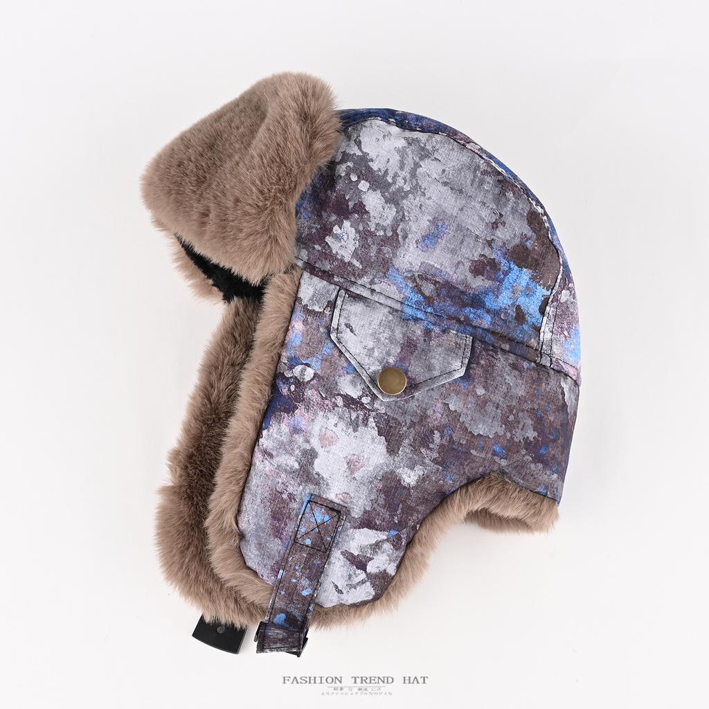 Camouflage Cap Men's and Women's Winter Velvet Thickened Thermal Ear Protection Cotton Hat Outdoor Cycling Pilot Locomotive Hat