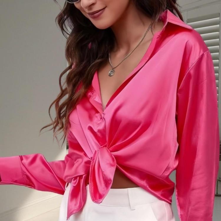Elegant Satin Long Sleeve Blouse Women Summer Spring Casual Shirt Faux Silk Tops Single Breasted Basic Shirts