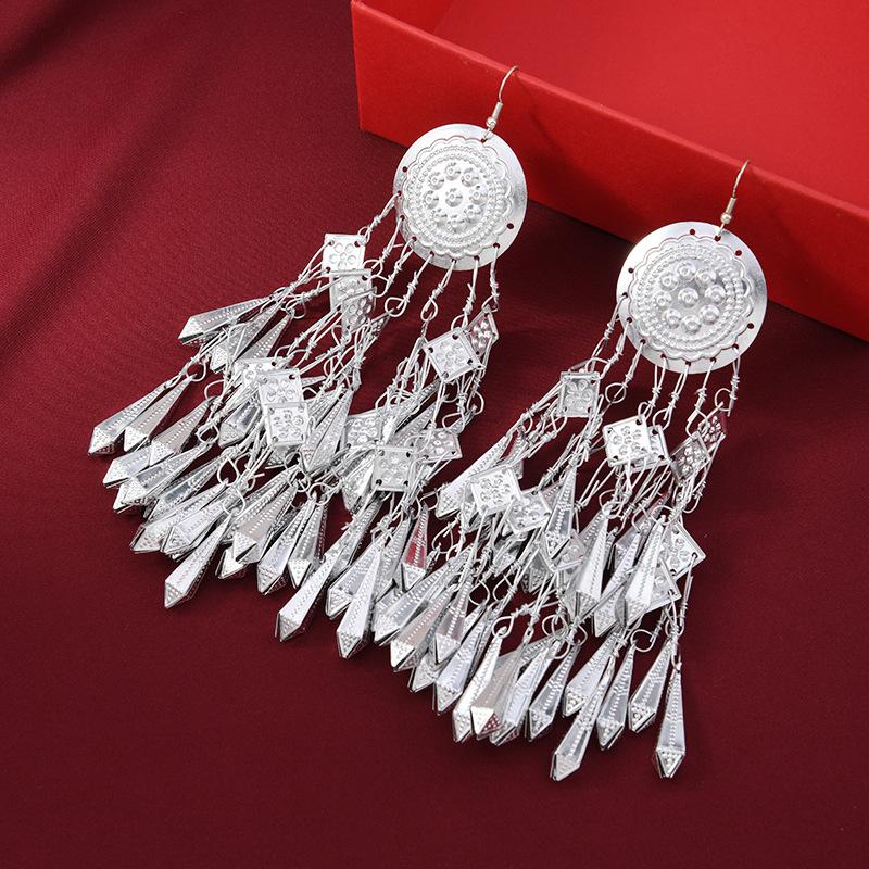 A few long Miao silver fringed earrings Guizhou Miao retro temperament earrings women's niche Yunnan earrings