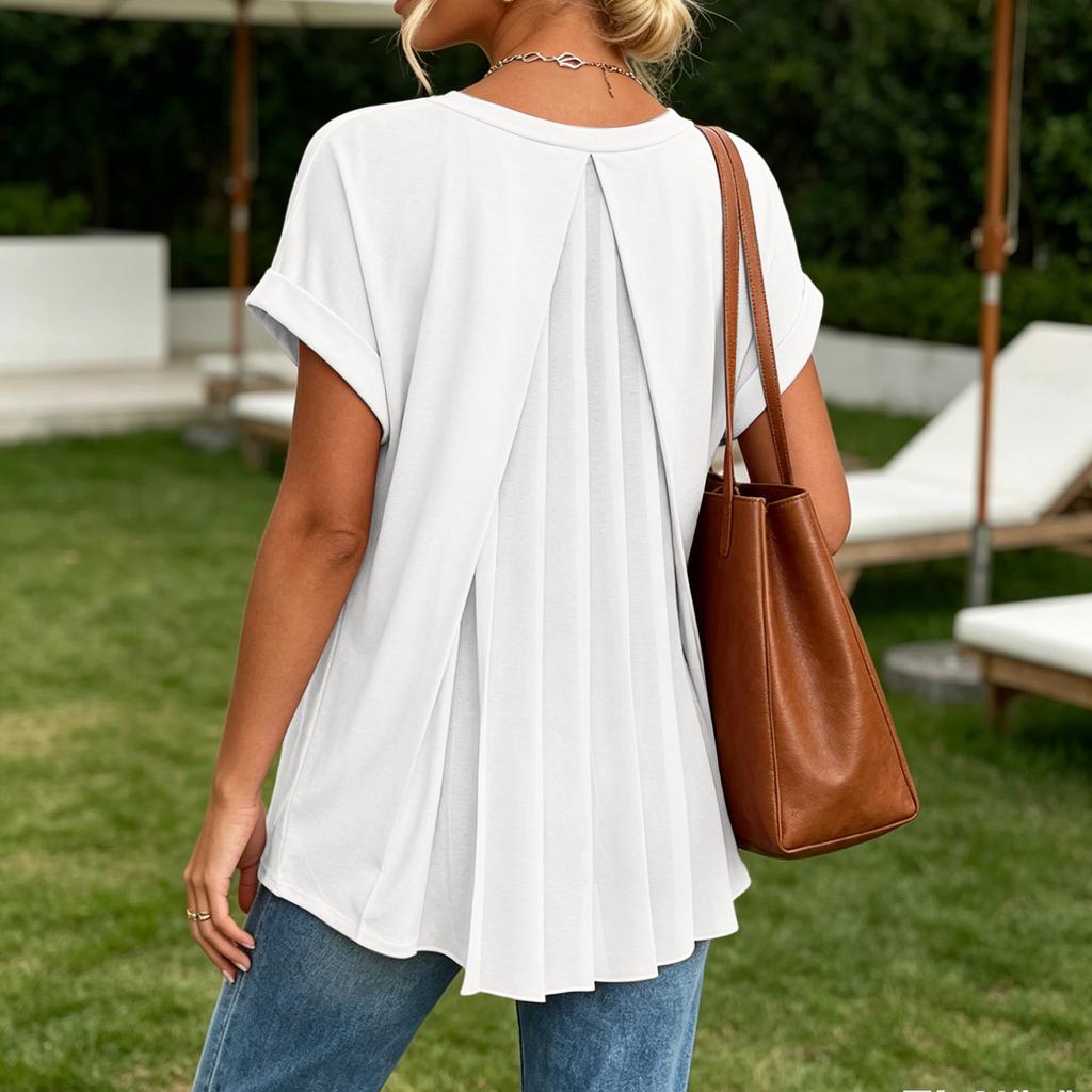 Women's Summer Short Sleeve Top V Neck Back Pleated Detail Lightweight Blouse Casual Loose Fit Shirt for Daily Wear