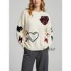 Women Loose Knit Long Sleeve Heart Jacquard Crew Neck Sweater