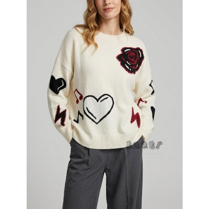 Women Loose Knit Long Sleeve Heart Jacquard Crew Neck Sweater