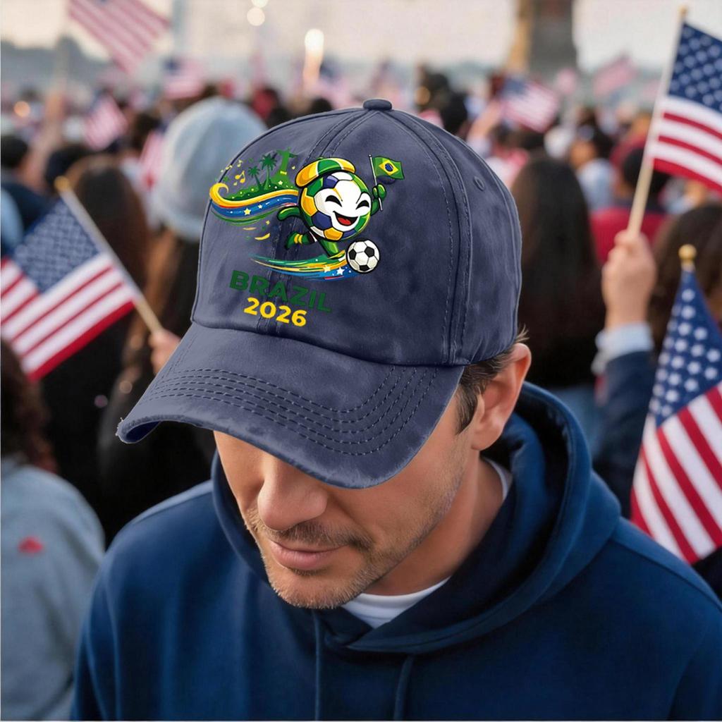 Unisex Vintage Washed Baseball Cap Soccer Fan Hat Embroidered Brazil 2026 Logo Adjustable Strap Back Supporter Headwear