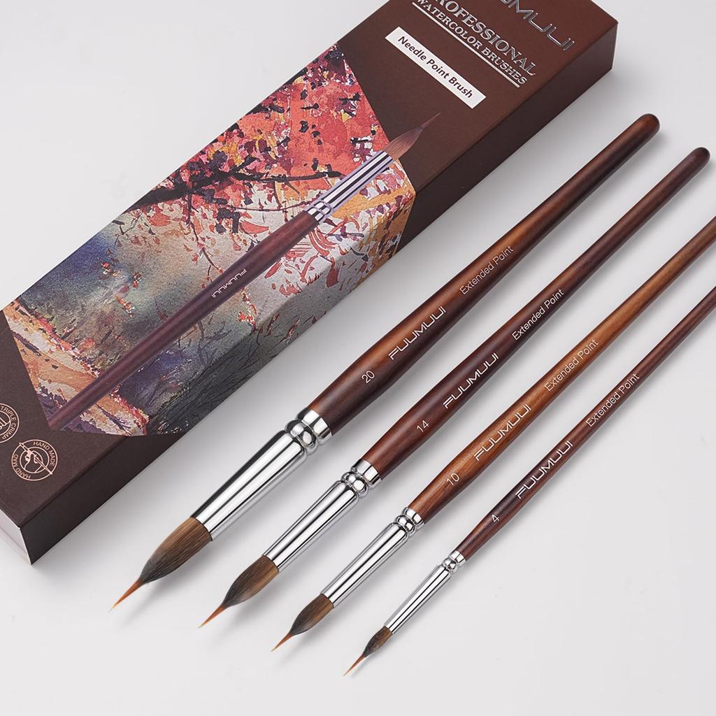 Kolinsky Sable Bristle Brush Set, 4-Piece Watercolor Brush Set with Extended Needle Tips, Synthetic Material Extra-Long Needle Tip Brushes, for Waterc