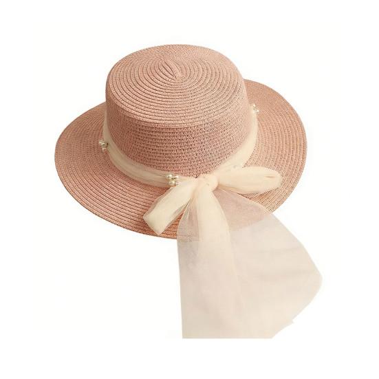 Beach Straw Hat Flat Top Wide Brim Sun Protection Hat with Tulle Bow Imitation Pearls Decor Hand-Woven Breathable Summer Hat